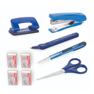 Office Stationery Set, Stapler HD-10D, 480 Punch, KS-152 Scissor, MP-9 Paper Cutter, SR-100 Staple Remover and 4 Boxes Staples Pin, (9 Pcs). Blue